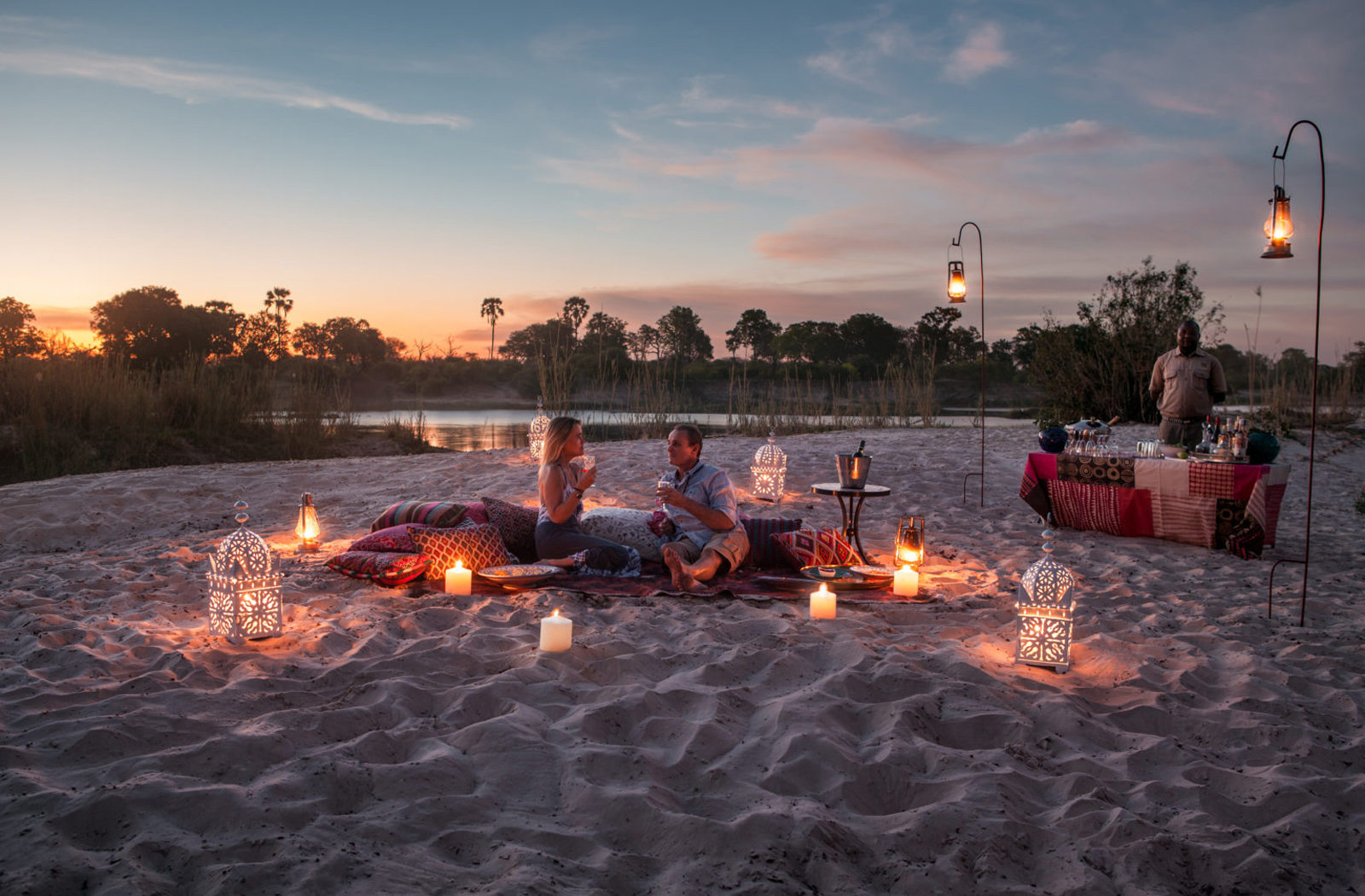 Sandbank dining along the Zambezi River, Tongabezi, Zambia